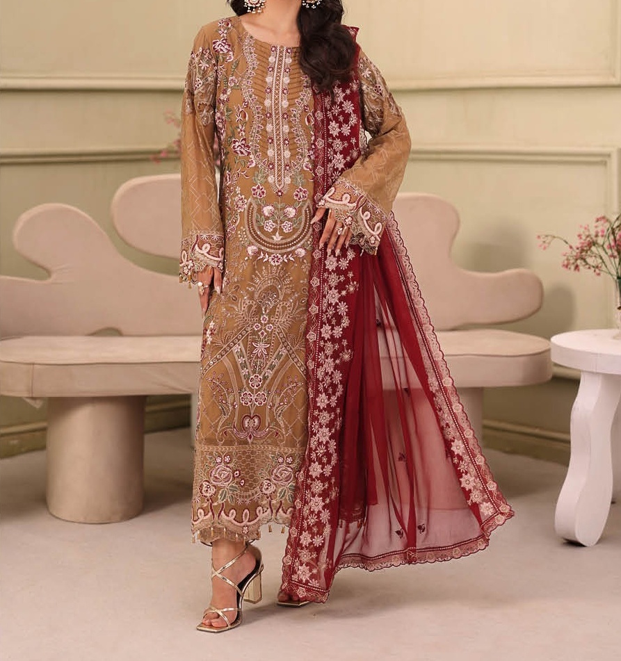 Ramsha Chiffon Suit — Deep Maroon — Zaytoon Party Wear